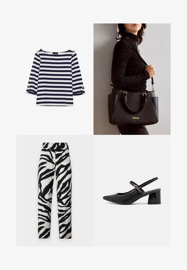 Marineblauw en witte gestreepte longsleeve top met een bootnek en gouden knoopaccenten op de opgerolde mouwen. Zachte stof, relaxte pasvorm.; Zwart-wit zebraprintbroek met een elastische tailleband, rechte snit en zachte textuur, voorzien van gedurfde, contrasterende strepen.; Zwarte gepolijste leren slingback hakken met een spitse neus, een ronde uitsnede en een blokhak. Voorzien van een gouden gespaccent.; Zwarte handtas met gestructureerd oppervlak, dubbele bovenhandvatten en verstelbare schouderriem. Voorzien van goudkleurige hardware en zijzakken.