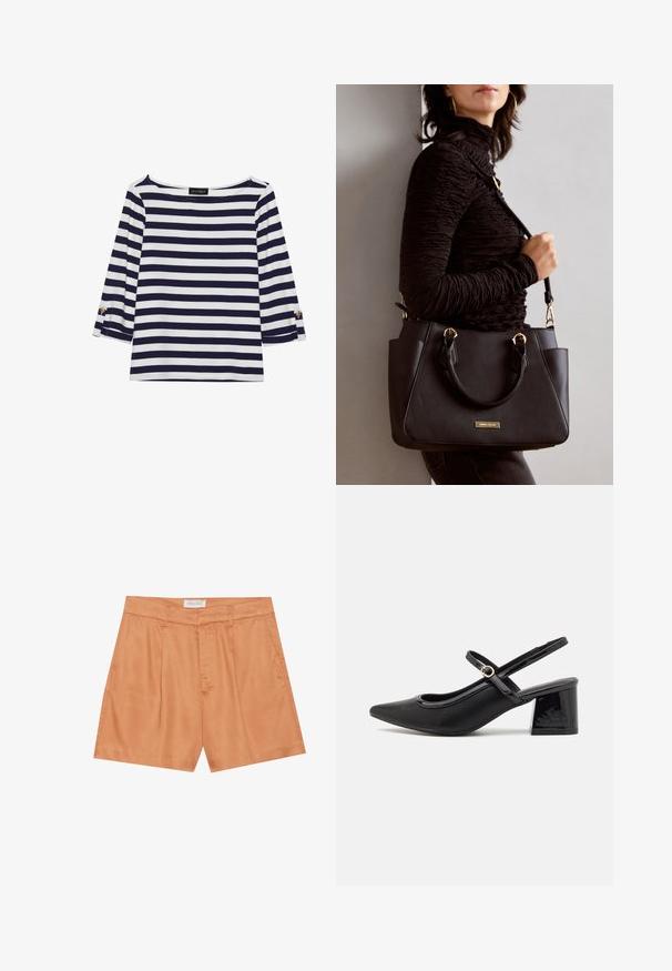Haut rayé bleu marine et blanc à manches longues avec un col bateau et des accents de boutons dorés sur les manches retroussées. Tissu doux, coupe décontractée.; Shorts plissés orange en tissu lisse, avec une fermeture éclair à l'avant, des passants de ceinture et des poches latérales. L'étiquette indique "ANNA FIELD."; Escarpins slingback en cuir verni noir avec un embout pointu, un design à découpes arrondies et un talon carré. Présente un accent de boucle en ton doré.; Sac à main noir avec surface texturée, deux poignées supérieures et bandoulière réglable. Doté de quincaillerie dorée et de poches latérales.