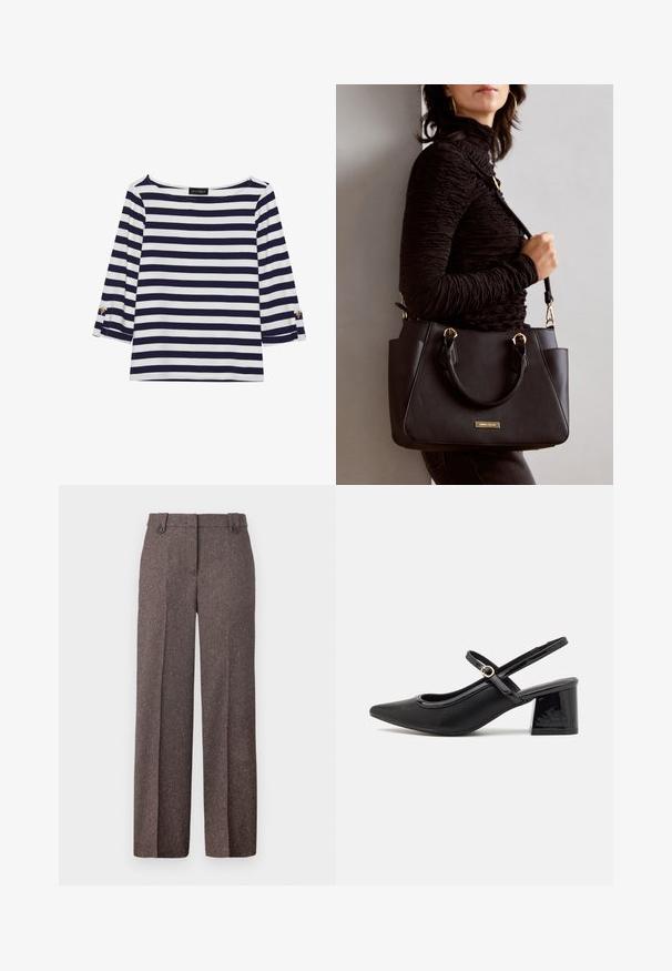 Navy and white striped long-sleeve top with a boat neckline and gold-button accents on rolled sleeves. Soft fabric, relaxed fit.; Brown wide-leg trousers made from textured fabric. Features two front pockets and a tailored fit with two buttons at the waistband.; Black patent leather slingback heels with a pointed toe, a rounded cutout design, and a block heel. Features a gold-tone buckle accent.; Black handbag with textured surface, dual top handles, and adjustable shoulder strap. Features gold-tone hardware and side pockets.