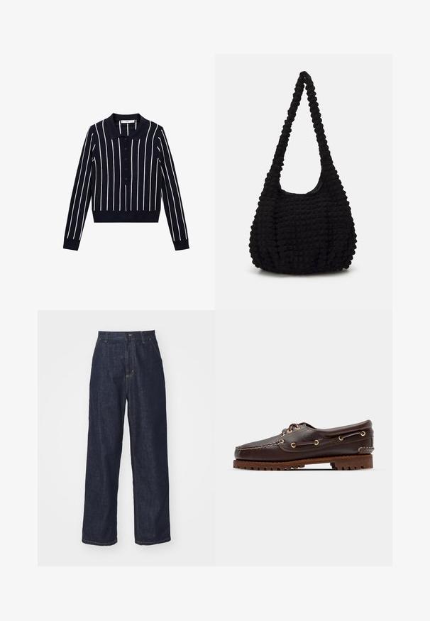 Granatowa polo z długim rękawem, ozdobiona białymi pionowymi paskami, z kołnierzykiem i zapinana na guziki. Dopasowany krój z ściągaczami przy mankietach.; Granatowe dżinsy typu straight-leg z szlufkami na pasek, z przodem na guzik i bocznymi kieszeniami na białym tle.; Brązowe skórzane buty w stylu boat shoe z złotymi oczkami, okrągłymi sznurowadłami oraz teksturowaną brązową gumową podeszwą. Zawierają przeszycia i wypukłe logo.; Czarna torba z teksturowanej tkaniny z pojedynczym skręconym uchwytem, o puszystym kształcie i marszczonym wzorze powierzchni.