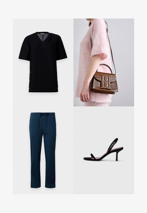 Juodas trumpomis rankovėmis marškinėliai su V formos dekoltė, su kontrastu oranžinėmis siūlėmis ir užsegimais šoninėse siūlėse. Minkšta medvilnės mišinys medžiaga.; Tamsiai mėlynos lengvos kelnės su elastinga juostele ir reguliuojamu raišteliu. Lygus audinys, tiesaus silueto dizainas ir užsagstyti kraštai.; Juodas zomšinis moteriškas aukštakulnis sandalai su plonais dirželiais ir auksine sagtimi ant balto fono, šoninis vaizdas.; Rudas krokodilo raštas rankinė su viršutine rankena ir pečių diržu. Išsiskiria ryškiu logotipu priekyje. Minkšta tekstūra.