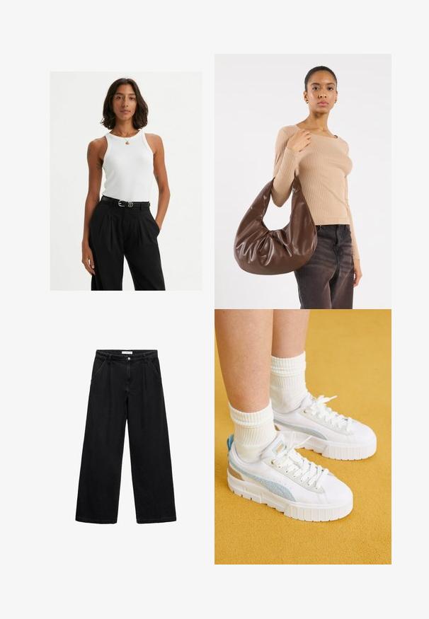 Witte geribbelde tanktop, met brede schouderbanden en een getailleerd ontwerp, gecombineerd met hoge zwarte broeken en een zwarte riem.; Lichtblauw gestreept overhemd met lange mouwen, knoopsluiting aan de voorkant, klassieke kraag en ronde zoom. Gemaakt van geweven stof met een zachte textuur.; Zwarte wijde jeans van denim, met een hoge taille, vo pockets aan de voorkant en een knoopsluiting. De textuur is glad met minimale details.; Puma MAYZE - Sneakers laag - white/turquoise surf; Bruine lederen hobo tas met een slordig ontwerp en een gladde textuur. Casual gedragen door een model, met een grote opening en een ronde vorm.