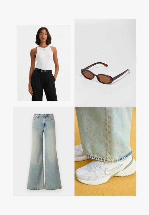 Valkoinen ribattava toppi, jossa on leveät olkaimet ja tiukka muotoilu, yhdistettynä korkeavyötäröisiin mustiin housuihin ja mustaan vyöhön.; Vaaleansinisiä leveälahkeisia farkkuja, joissa on korkea vyötärö, haalistunut viimeistely, etutaskut ja hillitty halkio lahkeiden alaosassa.; Valkoiset urheilukengät, joissa on verkkomateriaali päälliosassa, vihreät yksityiskohdat, teksturoitu pohja, yhdistettynä vaaleansinihin farkkuihin, joissa on rispaantunut helma.; Pyöreät, ruskehtavat aurinkolasit, joissa on kiiltävä burgundinpunainen runko. Kapeat sivut, joissa on hienovarainen brändäys. Litteät linssit.