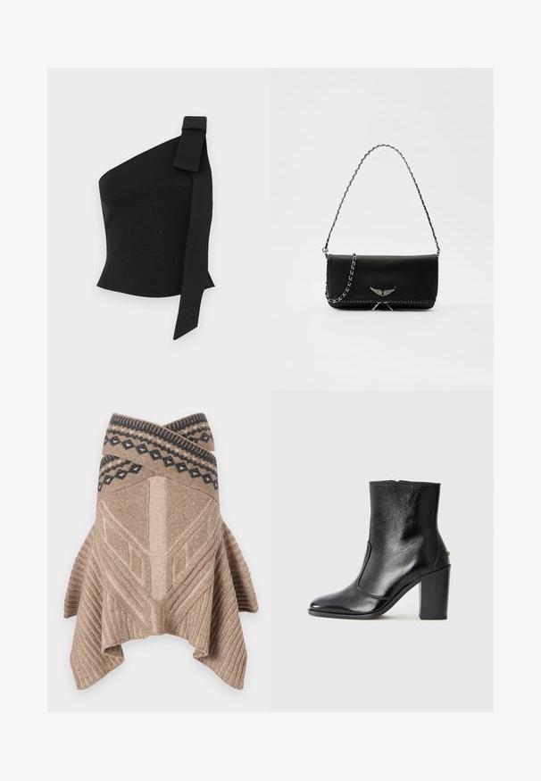 Asimetrična črna majica iz teksturiranega materiala; ima zanko detajl na levem rami in prilegajočo zasnovo.; Bež pletena pončo s ribano teksturo, geometrijskim vzorcem in kontrastnim obrobjem v temno modri barvi. Spuščena, asimetrična obleka.; Črne usnjene gležnarske čevlje z gladko teksturo, koničastim nosom in debelim visokim petam. Imajo stransko odprtino in minimalističen dizajn.; Črna usnjena torbica s srebrnim verižnim ročajem, ki ima okrasne krilate poudarke in belo šivanje ob spodnjem šivu.