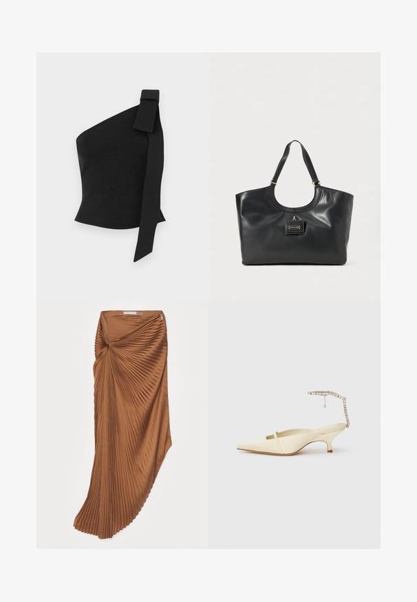 Asymmetrical black top made of textured fabric; features a bow detail on the left shoulder and a fitted design.; Brown pleated skirt with a twist design at the waist, featuring a smooth texture and a side zipper closure.; Cream pointed-toe slingback heel with thin front strap and jeweled ankle strap on white background.; Black leather tote bag with a glossy finish, curved top, two shoulder straps, and a gold-tone hardware accent on the front.