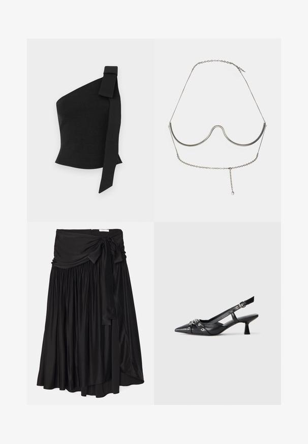 Asymmetrisch zwart top gemaakt van textuurstof; heeft een strikdetail op de linkerschouder en een getailleerd ontwerp.; Zwarte rok van zachte, vloeiende stof; heeft een brede, gedrapeerde tailleband met een strik en geplooide details voor een luchtige vorm.; Zwarte leren slingback schoen met een puntige neus, decoratieve banden met metalen oogjes en een lage blokhak. Textuur oppervlak.; Cult Gaia ASHA BODY JEWELRY - Overige accessoires - bright shiny silver-coloured