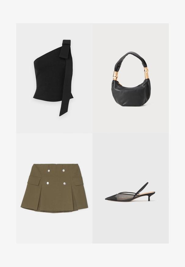 Asimetrična črna majica iz teksturiranega materiala; ima zanko detajl na levem rami in prilegajočo zasnovo.; Olivno zelena mini krila iz teksturirane tkanine, s dvostrukimi srebrnimi gumbi in stranskimi žepi s nabranim dizajnom.; NEOUS IRENA - Klasične pete - black; Črna usnjena torbica okrogle oblike, mehke teksture, z vozlanim ročajem in zlatimi kovinskimi dodatki. Zadrga za zapiranje.