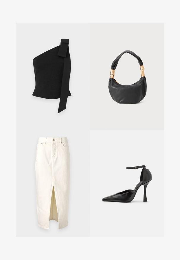 Asymmetrisches schwarzes Oberteil aus strukturiertem Stoff; verfügt über ein Schleifchen-Detail auf der linken Schulter und hat eine taillierte Passform.; Weiße Denim-Rock mit einem vorderen Schlitz, der einen hohen Taillenbund, Gürtelschlaufen und ein klassisches fünf Taschen-Design aufweist. Strukturierter Stoff mit Steppdetails.; Schwarze hochhackige Pumps mit glänzender Oberfläche, spitzer Zehenpartie, Knöchelriemen und skulpturiertem Stiletto-Absatz. Glatte Textur und elegantes Design.; Schwarze Lederhandtasche mit runder Form, weicher Textur und einem geknoteten Griff mit goldfarbenen Hardware-Akzenten. Reißverschlussverschluss.