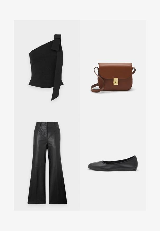 Haut noir asymétrique en tissu texturé ; présente un détail en nœud à l'épaule gauche et un design ajusté.; Pantalons évasés en cuir noir avec une texture lisse, dotés d'une taille mi-haute, de poches latérales et d'un détail de couture frontale épurée.; Ballerines en cuir noir avec un bout rond, texture lisse, détails de couture minimalistes et design de semelle flexible.; Sac à main en cuir marron avec une fermeture à rabat, des accents en métal doré, une bandoulière et une texture lisse. Forme rectangulaire compacte.