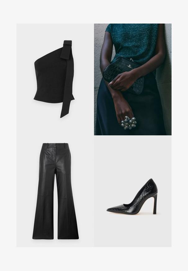 Ebaaseline must ülemine osa, mis on valmistatud tekstuuritud kangast; sellel on vasakul õlal paeltehtud detail ja see on figuuri järgiva disainiga.; Mustad nahast laiad püksid sileda tekstuuriga, keskmise kõrgusega vöökoht, küljetaskud ja puhas esiseam detail.; Mustan teravaotsaga kõrge kontsaga king, millel on krokodillimustriga tekstuur, stiilne disain, kõrge stilettokonts ja sile must sisesisustus.; Must musta tihe-must reptiili nahast pidulik kott hõbedaste detailidega, mille taustal on tekstuuriline hall taust. Omab läikivat pinda.