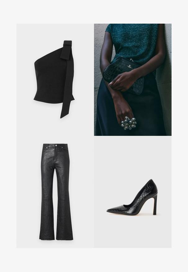 Asimetrisks melns tops, izgatavots no teksturētas auduma; ar loku uz kreisā pleca un pieguļošu dizainu.; Melna ādas izplešanās bikses ar grumbuļotu tekstūru, augstu vidukli, priekšējām kabatām un klasisku pogu aizdari ar rāvējslēdzēju.; Melni augstpapēžu apavi ar norādītu purngalu, ar krokodila ādas tekstūru, izceļoties ar elegantu dizainu, augstu stiletto papēdi un gludu melnu interjeru.; Melna krokodilā ādas raksta rokassoma ar sudraba detaļām, turēta pretī tekstūrētai pelēkai fona. Iespējo spīdīgu virsmu.