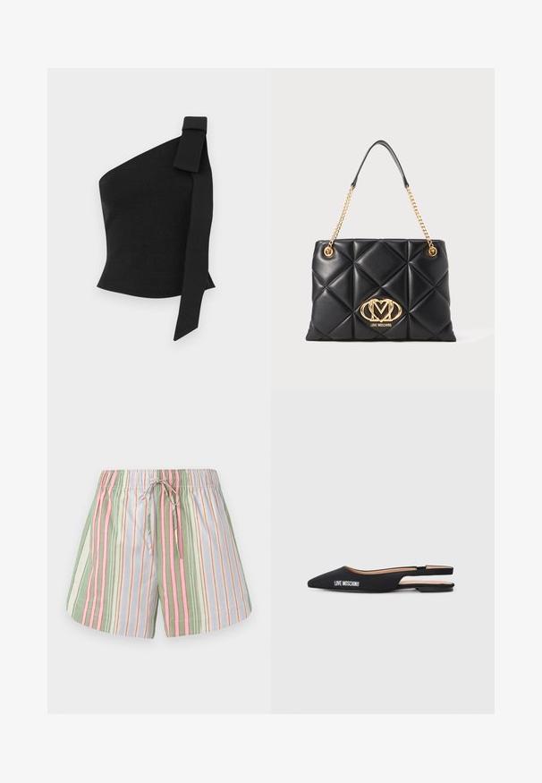 Asymmetrisk sort top lavet af tekstureret stof; har en sløjfedetalje på venstre skulder og en tætsiddende design.; Stribede bomuldsbukser med snoretræk i taljen. Har grønne, pink, lilla og cremefarvede lodrette striber. Blød tekstur, afslappet pasform.; Sorte slingback flade sko med spidse tæer, lavet af glat materiale. Har hvid "LOVE MOSCHINO" branding og et minimalistisk design.; Sort quiltet håndtaske i kunstlæder med en guld kædetråd, der har et fremtrædende guld logo og diamantmønster på overfladen.