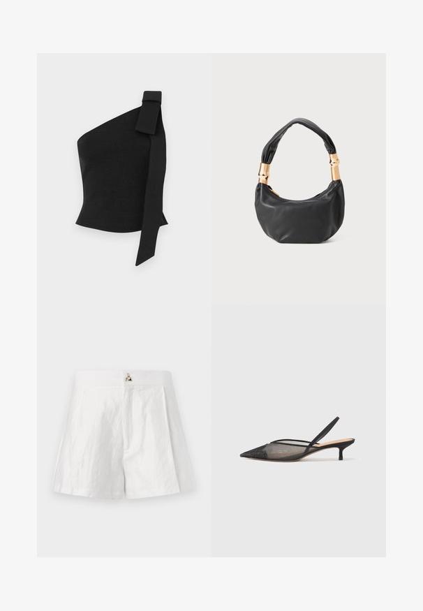 Aszimmetrikus fekete felső, texturált anyagból; bal vállán masnis díszítéssel és testhez simuló kialakítással rendelkezik.; Fehér vászont nadrág, lapos derékrésszel, pliszírozott elülső designnal és fémes logó akcentussal az elülső középen.; NEOUS IRENA - Klasszikus sarkú cipők - black; Fekete bőr kézitáska kerek formával, puha textúrával és csomózott fogantyúval, aranyszínű fém díszítéssel. Cipzáras záródás.