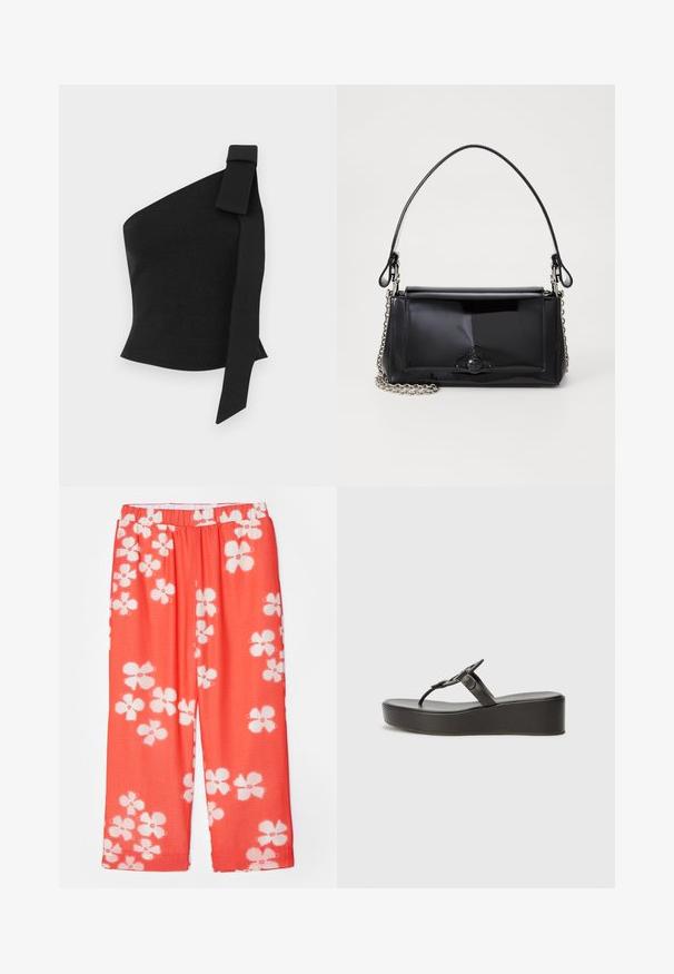 Ebaaseline must ülemine osa, mis on valmistatud tekstuuritud kangast; sellel on vasakul õlal paeltehtud detail ja see on figuuri järgiva disainiga.; Punased lillemustriga püksid, millel on kerge ja tekstuuriga kangas. Omavad elastset vöökohta ja laia, sirget lõike.; Mustad platvormsandaalid paksu tallaga, õhukeste rihmadega ja lihtsa kahedetailiga. Materjal näib olevat sile ja mati pinnaga.; Mustmust mustkott mustmust mustkott, millel on ristkülikukujuline kuju, kettstrap ja silmapaistev viimistlusaktsent keskel. Sile tekstuur.