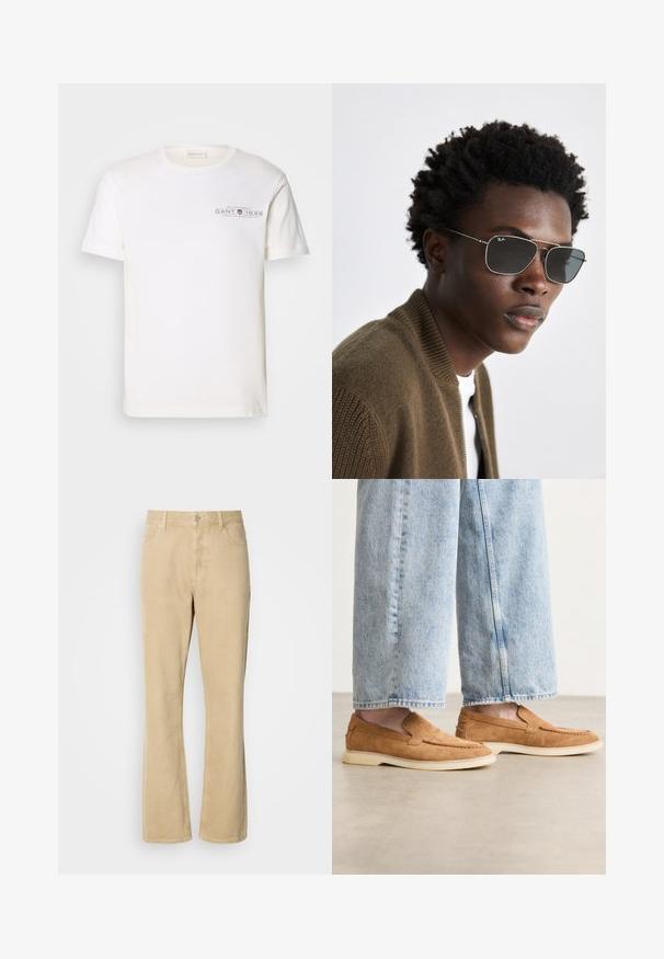 Balta kokvilnas T-kreklu ar apaļu kakla izgriezumu, īsām piedurknēm un ar apdrukātu logotipu. Iezīmē minimālistisku dizainu un brīvu piegriezumu.; Bežīgas kordoza bikses ar platām kājām, ar pogu un rāvējslēdzēju, pieci kabatas un redzami šuvumi gar kājām. Gluda tekstūra.; Brūni zamšveida slip-on apavi ar zemu profilu, krēmkrāsas ārējo zoli un šuvju detaļām, saskaņoti ar gaiši ziliem džinsu biksēm.; Saulesbrilles ar sudraba metāla rāmi, aviatora formā un tumšiem lēcu tonī. Stilizētas ar ribotu brūnu bomber jaku.