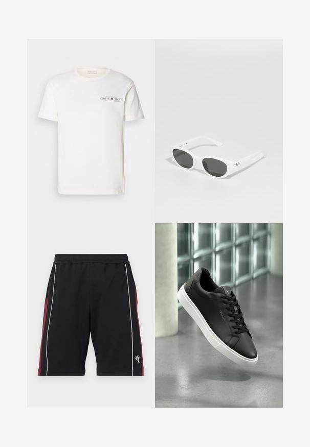 T-shirt de algodão branco com decote redondo, mangas curtas e logotipo impresso. Apresenta um design minimalista e um corte relaxado.; Calções pretos feitos de tecido suave, com painéis laterais em bordô, bainha branca e um pequeno logo de coração na barra. Cintura elástica para conforto.; Sapatilha de couro preto com sola de borracha branca, bico redondo e atacadores. Apresenta uma textura suave e uma marcação subtil na língua.; Óculos de sol brancos com armação redonda e lentes escuras. Apresenta uma textura plástica suave e um pequeno logótipo na haste.