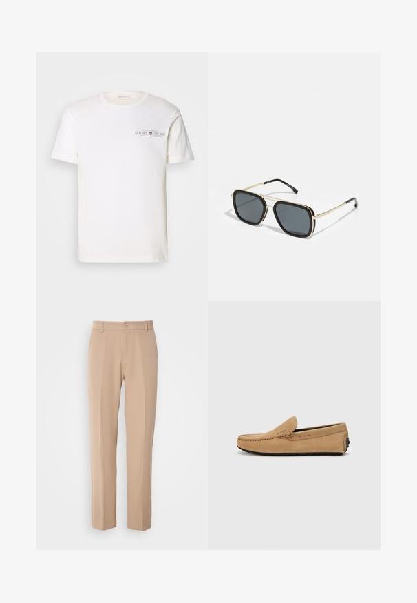 Fehér pamut póló kerek nyakkal, rövid ujjakkal és nyomtatott logóval. Minimalista dizájnnal és laza szabással rendelkezik.; Sima anyagból készült bézs nadrág, egyenes lábú fazonnal, elöl gombos záródással és finom hajtott részletekkel az elején.; Beige színű nubuk mokaszin cipő, varrott orral, slip-on kialakítással és fekete gumitalppal. Diszkrét logó található az oldalon.; Fekete és arany napszemüveg, négyzet alakú, fémből készült kerettel, sötétszürke lencsékkel és fekete karvégekkel. Dupla híd kialakítással rendelkezik.