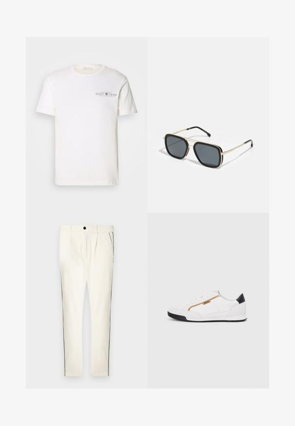 Valge puuvillane T-särk ümmarguse kaelusega, lühikeste varrukatega ja trükitud logoga. Omab minimalistlikku disaini ja vabalt langevat stiili.; Valged triibulised püksid lõdva lõikega, millel on must külgtriip, nööpidega kinnis ja ees voldid lisadetailide jaoks.; Valged sportlikud jalatsid, millel on võrkkangas ja nahkdetailid. Omab kuldset "BOSS" logo, tekstureeritud külgpaneele ja musta kontsakaant. Kummist tallad.; Must poolt ja kuldseid prille ruudukujulise disainiga, metallraamiga, tumehallide läätsedega ja mustade käepidemetippudega. Omab kahekordse silla disaini.