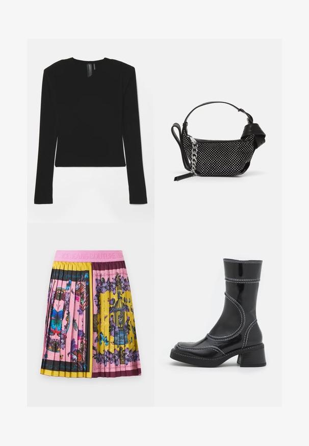 Črn dolg rokav s pretegnjeno tkanino, V-izrezom in prilagojenim krojem, z gladko teksturo in skrajšano dolžino.; Plisejna krila s roza pasom, živahni motivi metuljev, rož in ptičjih kletk v roza, rumeni, vijolični in črnih barvnih blokih.; Črne lakirane gležnjarje z belim šivom, okroglo konico in blok peto. Imajo ukrivljene oblikovne črte in gladko teksturo.; Črna torbica z okrasnimi žebljički, verižnim trakom in gladkim usnjenim ročajem, zaokrožene oblike z zaklepanjem na zadrgo.