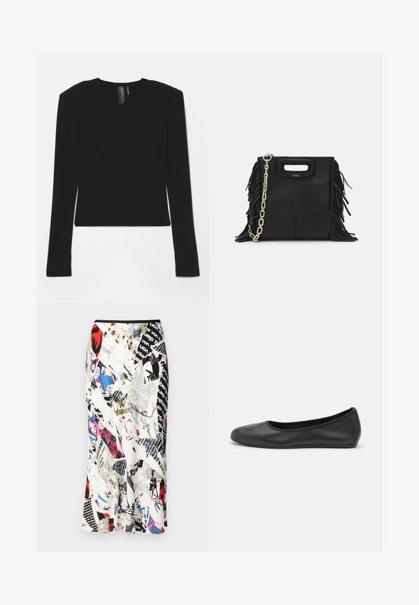 Top negro de manga larga hecho de una tela elasticada con escote en V y un diseño ajustado, que presenta una textura suave y una longitud recortada.; Diane von Furstenberg MAE SKIRT - Falda de tubo - multi coloured; Bailarina de piel negra con punta redondeada, textura suave, detalle de costura minimalista y diseño de suela flexible.; Bolso de mano de cuero negro con detalles de flecos, correa de cadena dorada para el hombro y un asa con corte. Presenta una colocación del logotipo en la parte frontal.