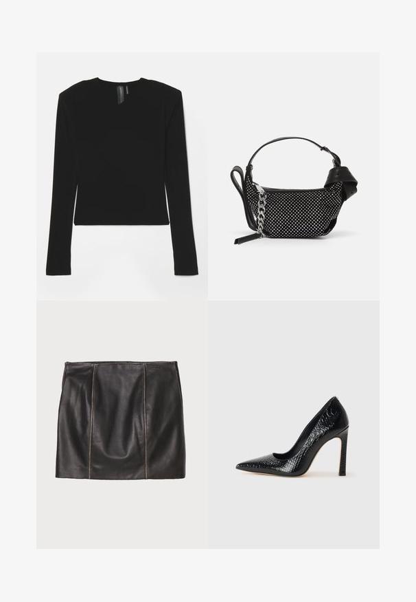 Fekete, hosszú ujjú felső, rugalmas anyagból, V-kivágással és formás szabással, sima textúrával és rövidített hosszal.; Fekete bőrszoknya varrott panel részletekkel, egyenes vonalvezetéssel és sima textúrával. Minimalista dizájn, fémrészek nélkül.; Fekete hegyes orrú magassarkú cipő krokodilbőr textúrával, letisztult dizájnnal, magas tűsarkú és sima fekete belső résszel.; Fekete kézitáska szegecses díszítéssel, láncos pánttal és sima bőr fogantyúval, lekerekített formával és cipzáras rekesszel.