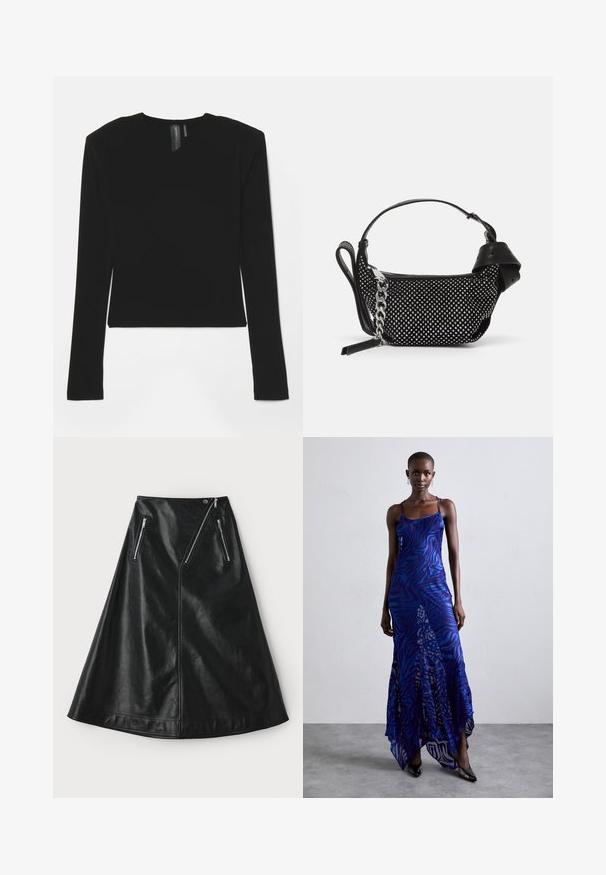 Musta pitkähihainen paita, joka on valmistettu joustavasta kankaasta, V-pääntiellä ja sovitettuna muotona. Paidassa on sileä pinta ja lyhennetty pituus.; Musta nahkainen A-linjainen hame, jossa on hieman kiiltävä pinta, kahdella epäsymmetrisellä vetoketjutaskulla ja nappikiinnitys vyötäröllä.; Sininen ja violetti eläinkuosinen maksimekko ohuiden hihnojen kanssa, istuva yläosa, levenevä helma ja läpikuultava yksityiskohtainen päällyste.; Musta käsilaukku, jossa on teksturoitu muotoilu, koristeltu hopeisilla niiteillä ja tukeva hopeaketjuolkaimella. Omistaa tyylikkään, minimalistisen muodon.