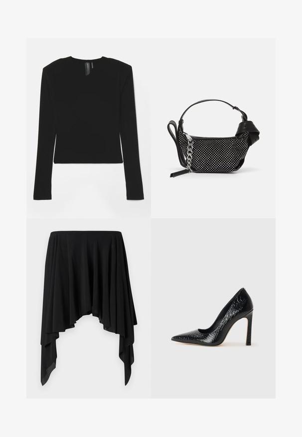 Black long-sleeve top made of stretchy fabric with a V-neckline and fitted design, featuring a smooth texture and a cropped length.; Black asymmetrical skirt made of soft fabric, featuring draped layers and a wide waistband, creating a flowing silhouette.; Black pointed-toe high heel shoe with a crocodile-skin texture, featuring a sleek design, high stiletto heel, and smooth black interior.; Black handbag featuring studded embellishments, a chain strap, and a smooth leather handle, with a rounded shape and zipped compartment.