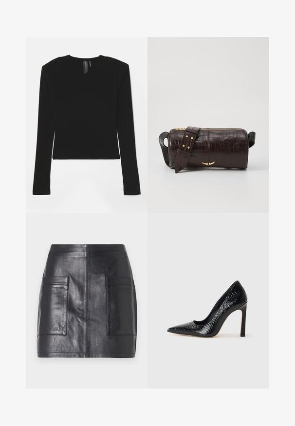 Must mustakavöödiga must pikkade varrukatega topp, valmistatud venivast kangast, V-kaeluse ja vormitud disainiga, sujuva tekstuuriga ja lühemal pikkusel.; Mustast nahast mini seelik, millel on kaks küljetaskut, sile tekstuur, liibuv disain ja puhtad jooned ilma lisakaunistusteta.; Mustan teravaotsaga kõrge kontsaga king, millel on krokodillimustriga tekstuur, stiilne disain, kõrge stilettokonts ja sile must sisesisustus.; Pruunist krokodillimustrist nahast kott, millel on silindri kuju, kuldse tooni metalldetailid ja eemaldatav rihm, kus on nupud.