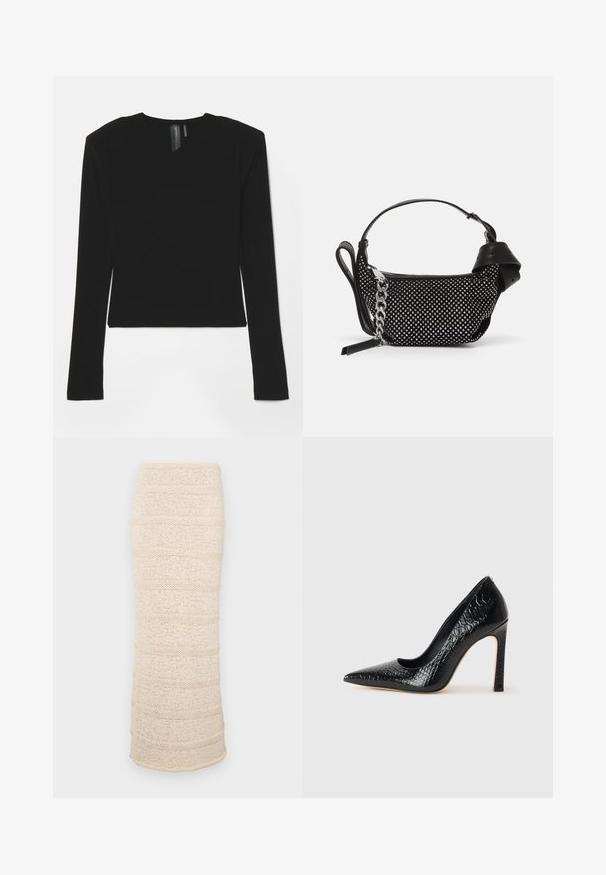 Fekete, hosszú ujjú felső, rugalmas anyagból, V-kivágással és formás szabással, sima textúrával és rövidített hosszal.; Kötött midi szoknya világos bézs színben, vízszintes texturált csíkokkal. Feszes sziluett, puha anyag és enyhén nyitott hajtás az alján.; Fekete hegyes orrú magassarkú cipő krokodilbőr textúrával, letisztult dizájnnal, magas tűsarkú és sima fekete belső résszel.; Fekete kézitáska szegecses díszítéssel, láncos pánttal és sima bőr fogantyúval, lekerekített formával és cipzáras rekesszel.