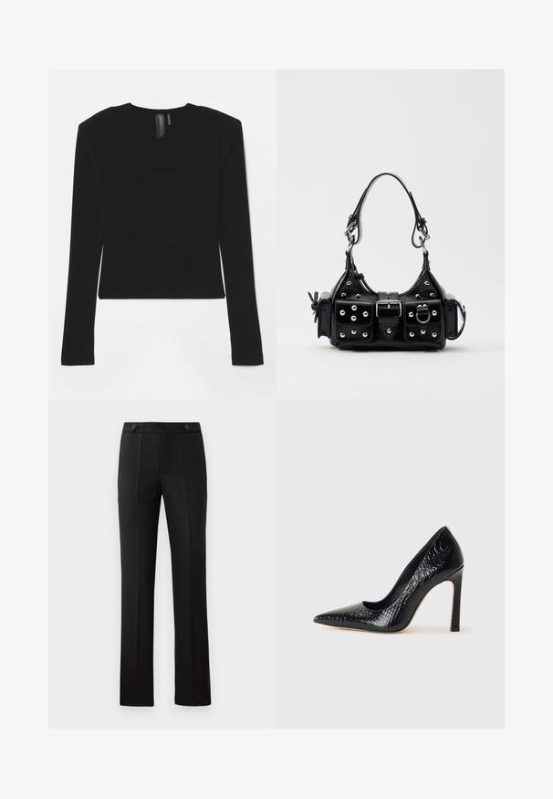Schwarzes Langarmoberteil aus dehnbarem Material mit V-Ausschnitt und figurbetontem Design, das eine glatte Textur und eine gekürzte Länge aufweist.; Schwarze maßgeschneiderte Hose mit geradem Bein, zwei vorderen Taschen, einem Knopfverschluss und unteren Falten vorne. Glatte Stofftextur.; Schwarzer, spitz zulaufender High Heel mit Krokodilleder-Struktur, elegantem Design, hohem Stiletto-Absatz und glattem schwarzen Innenraum.; Schwarze Lederhandtasche mit einem geschwungenen Design, verziert mit silbernen Nieten, einer Schnalle und zwei seitlichen Taschen. Verstellbarer Träger für verschiedene Tragemöglichkeiten.