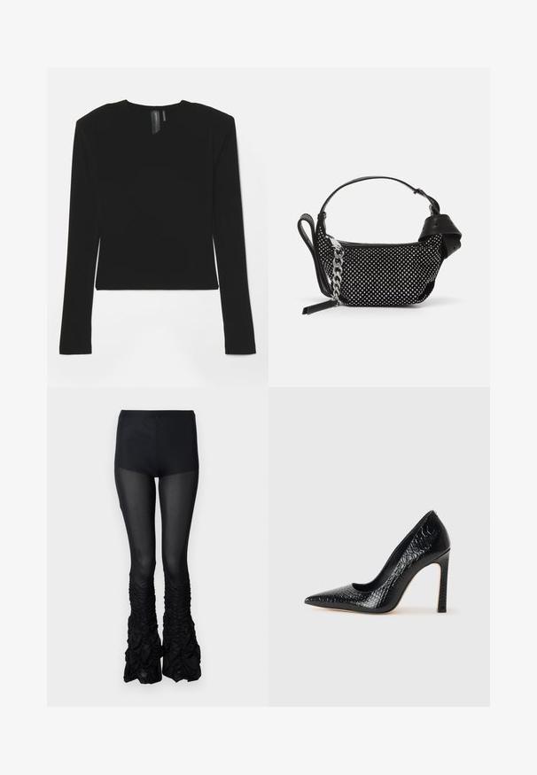 Top noir à manches longues fabriqué dans un tissu extensible, avec un décolleté en V et une coupe ajustée, présentant une texture lisse et une longueur cropped.; AVAVAV SMOCKED TROUSER - Pantalon classique - black; Escarpin noir à bout pointu avec texture en cuir de crocodile, présentant un design élégant, un haut talon aiguille et un intérieur noir lisse.; Sac à main noir avec des embellissements cloutés, une bandoulière en chaîne et une poignée en cuir lisse, de forme arrondie et avec un compartiment zippé.