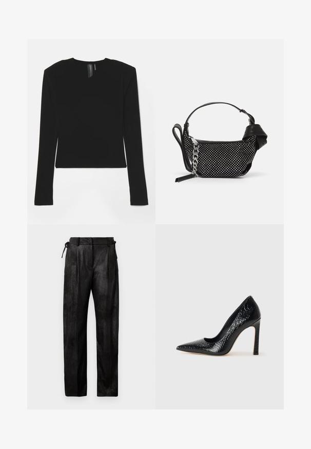 Črn dolg rokav s pretegnjeno tkanino, V-izrezom in prilagojenim krojem, z gladko teksturo in skrajšano dolžino.; Črne hlače visoke pasu izdelane iz teksturiranega materiala. Imajo ravne nogavice, naborke in nastavljiv vrvico v pasu.; Črne čevlje z visoko peto in konico v obliki puščice, z teksturo krokodilje kože, ki se ponašajo s sleek oblikovanjem, visokim stiletto peto in gladkim črnim notranjostjo.; Črna torbica z okrasnimi žebljički, verižnim trakom in gladkim usnjenim ročajem, zaokrožene oblike z zaklepanjem na zadrgo.