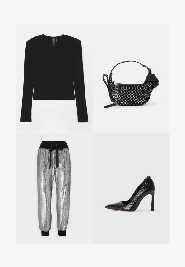 Čierny top s dlhým rukávom vyrobený z elastického materiálu s výstrihom do V a priliehavým strihom, so hladkou textúrou a skrátenou dĺžkou.; Strieborné jogger nohavice s flitrami, čiernym elastickým pásom, šnúrkou a čiernymi manžetami na členkoch pre zúžený strih.; Čierna lodička s špicatou špičkou a lakovanou textúrou krokodíla, s elegantným dizajnom, vysokým stiletto podpätkom a hladkým čiernym interiérom.; Čierna kabelka so cvočkovými ozdobami, reťazovou rukoväťou a hladkým koženým držadlom, so zaobleným tvarom a zipsovým oddelením.