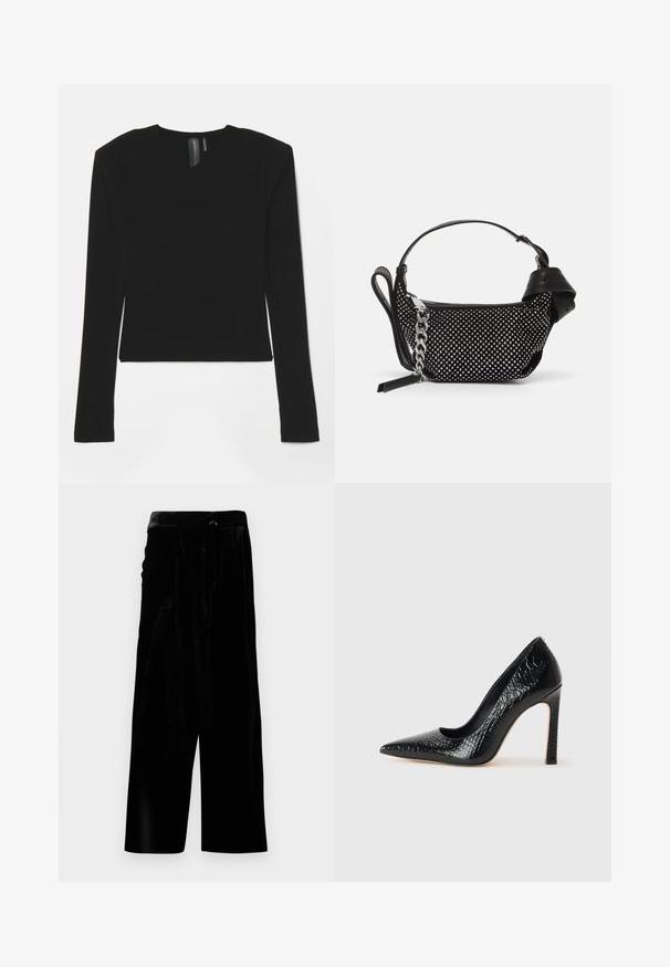 Musta pitkähihainen paita, joka on valmistettu joustavasta kankaasta, V-pääntiellä ja sovitettuna muotona. Paidassa on sileä pinta ja lyhennetty pituus.; Mustat samettiset leveälahkeiset pantsit, joissa on korkea vyötärö ja sivuvetoketju, esitetty valkoista taustaa vasten.; Musta kapea nilkkakorkokenkä krokotiilin nahkakuviolla, joka on varustettu tyylikkäällä muotoilulla, korkealla stiletto-korkealla ja sileällä mustalla sisäosalla.; Musta käsilaukku, jossa on teksturoitu muotoilu, koristeltu hopeisilla niiteillä ja tukeva hopeaketjuolkaimella. Omistaa tyylikkään, minimalistisen muodon.