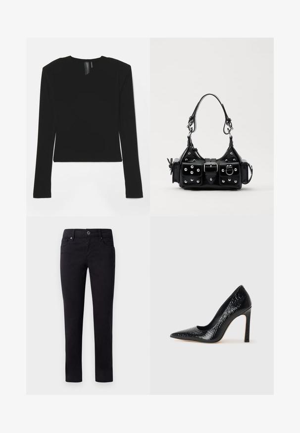 Fekete, hosszú ujjú felső, rugalmas anyagból, V-kivágással és formás szabással, sima textúrával és rövidített hosszal.; Fekete pamut nadrág egyenes lábbal, elülső zsebekkel és gombos derékmegoldással. Sima textúrájú, mintázat nélkül.; Fekete hegyes orrú magassarkú cipő krokodilbőr textúrával, letisztult dizájnnal, magas tűsarkú és sima fekete belső résszel.; Fekete bőr kézitáska ívelt designnal, ezüst szegecsekkel, csattal és két oldalsó zsebbel. Állítható vállpánt a hordozási lehetőségekhez.