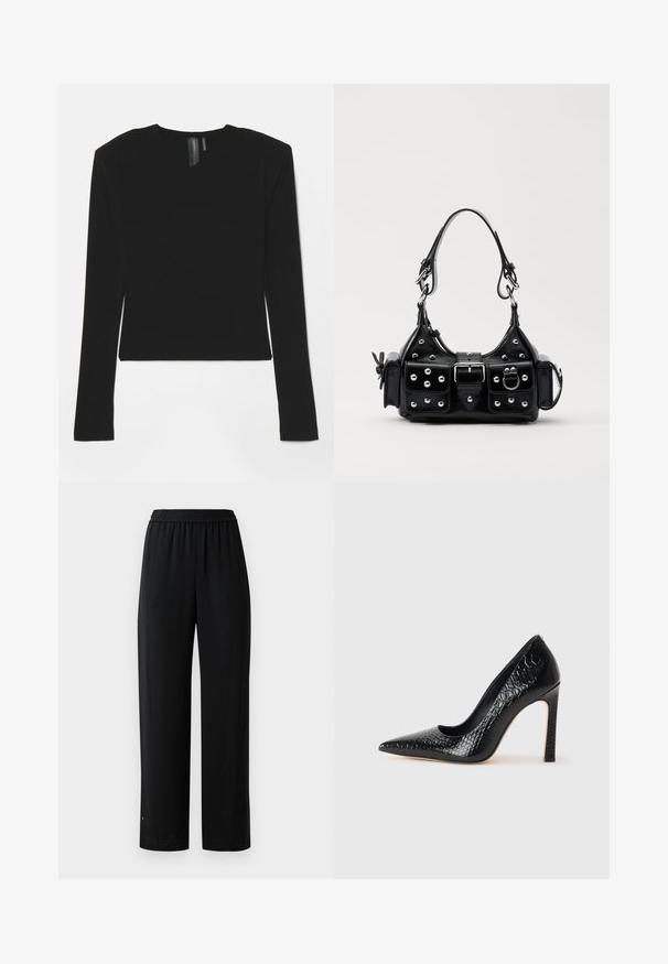 Black long-sleeve top made of stretchy fabric with a V-neckline and fitted design, featuring a smooth texture and a cropped length.; Black wide-leg pants made of smooth fabric with an elastic waistband. Features a straight cut and minimal detailing. Suitable for casual wear.; Black pointed-toe high heel shoe with a crocodile-skin texture, featuring a sleek design, high stiletto heel, and smooth black interior.; Black leather handbag with a curved design, featuring silver studs, a buckle, and two side pockets. Adjustable strap for carrying options.