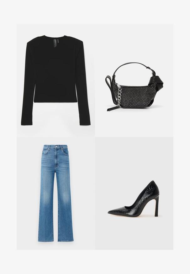 Juoda ilgarankovė palaidinė, pagaminta iš tamprios medžiagos, su V formos iškirpte ir prigludusia išvaizda, pasižyminti glotnia tekstūra ir trumpa ilgio.; Šviesiai mėlynos plačios kojos džinsai, pagaminti iš džinsinio audinio, su aukštu liemeniu. Turi mygtuko ir užtrauktuko uždarymą, o medžiaga subtiliai nublukusi.; Juoda smailiakulnė aukšto kulno bateliai su krokodilo odos tekstūra, pasižymintys elegantišku dizainu, aukštu stiletu kulnu ir lygia juoda vidine dalimi.; Juodas rankinukas su tekstūruotu dizainu, papuoštas sidabriniais kabiniais ir masyvia sidabrine grandine. Turi glotnią, minimalistinę formą.