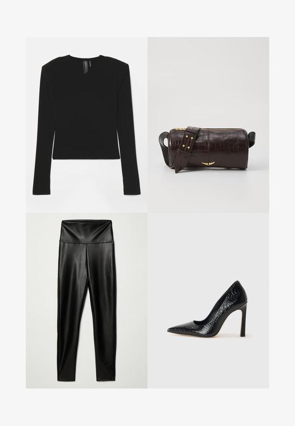 Černý dlouhý rukáv top vyrobený z elastického materiálu s výstřihem do V a přiléhavým střihem, s hladkým texturem a zkrácenou délkou.; Černé legíny z umělé kůže s vysokým pasem, vyznačující se hladkým povrchem a přiléhavým střihem, sahající až ke kotníkům.; Černý lodičkový bot s špičatou špičkou, pokrytý texturou krokodýlí kůže, s elegantním designem, vysokým stiletto podpatkem a hladkým černým interiérem.; Hnědá kabelka z krokodýlí kůže s embosováním, cylindrického tvaru, se zlacenými kovovými prvky a odnímatelným popruhem se hroty.