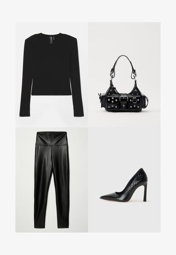 Fekete, hosszú ujjú felső, rugalmas anyagból, V-kivágással és formás szabással, sima textúrával és rövidített hosszal.; Fekete műbőr leggings, magas derékkal, sima felülettel és testhezálló fazonnal, a boka hosszúságáig ér.; Fekete hegyes orrú magassarkú cipő krokodilbőr textúrával, letisztult dizájnnal, magas tűsarkú és sima fekete belső résszel.; Fekete bőr kézitáska ívelt designnal, ezüst szegecsekkel, csattal és két oldalsó zsebbel. Állítható vállpánt a hordozási lehetőségekhez.