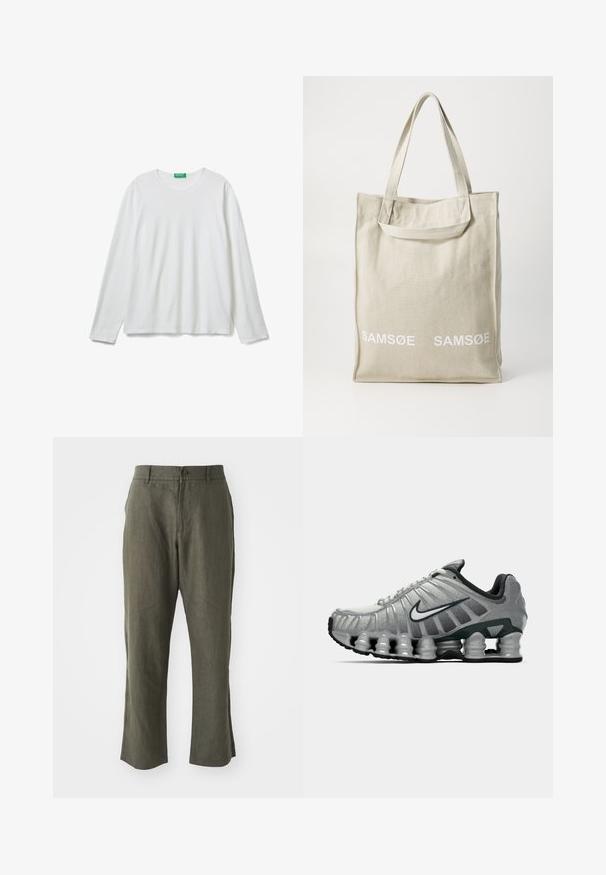 Effen witte lange mouwen crewneck shirt met een groene label bij de hals, plat gelegd op een witte achtergrond.; Linnen broeken in olijfgroen, met een rechte snit, lussen voor een riem, een sluiting met een knoop aan de voorkant en zijzakken. Soepele textuur, minimalistisch ontwerp.; Grijze en zwarte Nike hardloopschoen met zichtbare veerachtige demping onder de zool en een wit swoosh-logo aan de zijkant.; Canvas tote bag in lichtbeige met dubbele handvatten, voorzien van het "SAMSOE" logo in het wit gedrukt op de voorkant. Rechthoekige vorm met een eenvoudig ontwerp.