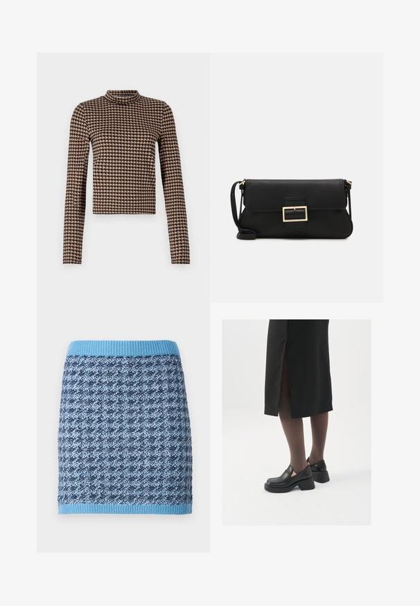 Ilgiem piedurknēm tops melnbaltā kaņepju rakstā, ar augstu kaklu un pieguļošu siluetu, izgatavots no mīksta, elastīga materiāla.; Adīti svārki ar ģeometrisku rakstu zilās krāsās, ar ribotu gaiši zilu jostas daļu un teksturētu auduma apdari.; Melni ādas apavi ar noapaļotu purngalu, biezām bloku papēžiem un elastīgiem sānu akcentiem, apvienoti ar tumšām zeķubiksēm un melnu svārku ar šķirbu.; Melnas ādas saķeres soma ar atloku un zelta metāla sprādzi. Ietver melnu siksnu un elegantu, minimālistisku dizainu.; Sudraba gredzenveida auskari ar minimālistisku dizainu. Cirkulāra forma, gluda tekstūra un plāns profils. Vieglu svaru ar spīdīgu apdari.