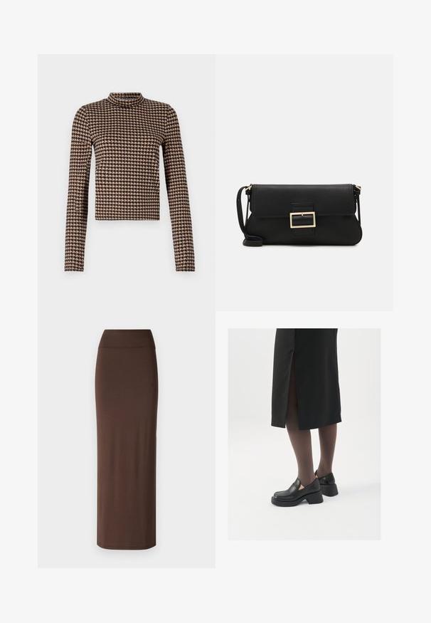 Ilgos rankovės marškiniai juodos ir rusvos spalvos šachmatiniu raštu, su aukštu kaklu ir prigludusia siluetu, pagaminti iš minkštos, elastingos medžiagos.; Rudas, prie kūno priglundantis maksi sijonas, pagamintas iš švelnios medžiagos, turintis aukštą liemenį ir lygų paviršių be matomų siūlių ar raštų.; Juodos odinės bateliai su apvaliu nosiu, stora blokine pakulne ir elastingais šonais, derinami su tamsiomis pėdkelnėmis ir juoda sijonu su plyšiu.; Juodas odinis dėkliukas su atvarteliu ir auksinės metalinės sagties detalėmis. Įeina juodas diržas ir elegantiškas, minimalistinis dizainas.; Sidabrinės pusmėnulio auskarai minimalistiniu dizainu. Apskritimo forma, lygus paviršius ir plonas profilis. Lengvi su poliruotu apdailu.