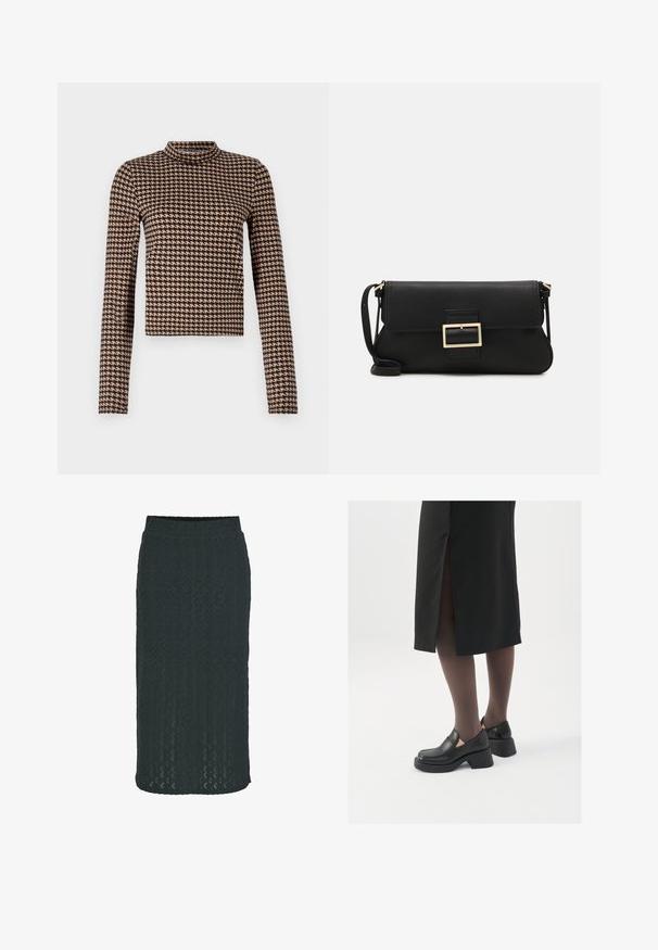 Ilgiem piedurknēm tops melnbaltā kaņepju rakstā, ar augstu kaklu un pieguļošu siluetu, izgatavots no mīksta, elastīga materiāla.; Tumši zaļš līdz ceļgaliem saspringts svārki, izgatavots no teksturēta adījuma auduma ar ģeometrisku rakstu un elastīgu jostu komfortam.; Melni ādas apavi ar noapaļotu purngalu, biezām bloku papēžiem un elastīgiem sānu akcentiem, apvienoti ar tumšām zeķubiksēm un melnu svārku ar šķirbu.; Melnas ādas saķeres soma ar atloku un zelta metāla sprādzi. Ietver melnu siksnu un elegantu, minimālistisku dizainu.; Sudraba gredzenveida auskari ar minimālistisku dizainu. Cirkulāra forma, gluda tekstūra un plāns profils. Vieglu svaru ar spīdīgu apdari.