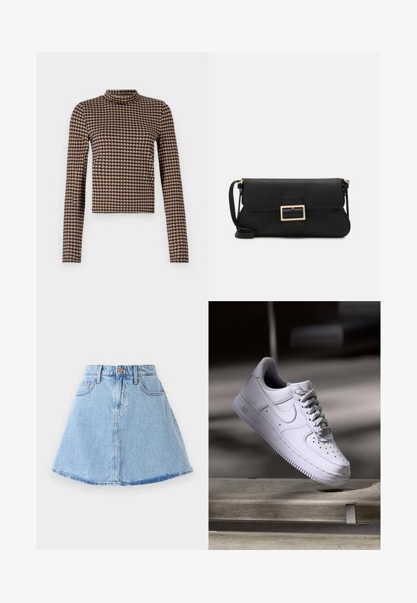 Ilgiem piedurknēm tops melnbaltā kaņepju rakstā, ar augstu kaklu un pieguļošu siluetu, izgatavots no mīksta, elastīga materiāla.; Gaiši zilas džinsa A formas svārki ar saplaisājušu malu, piecām kabatām un pogu aizdari. Iespējas ar vara toņu aparatūru un smalkām šuvju detaļām.; Balts Nike Air Force 1 kurpes, kas levitē virs betona virsmas ar ēnām minimālistiskā vidē.; Melnas ādas saķeres soma ar atloku un zelta metāla sprādzi. Ietver melnu siksnu un elegantu, minimālistisku dizainu.; Sudraba gredzenveida auskari ar minimālistisku dizainu. Cirkulāra forma, gluda tekstūra un plāns profils. Vieglu svaru ar spīdīgu apdari.