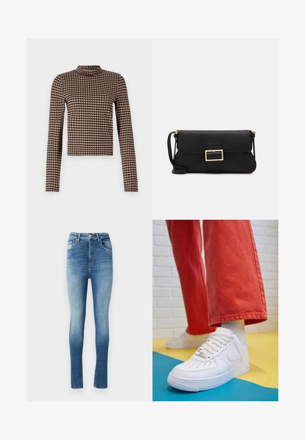 Dug dugih rukava u crno-smešastom kariranom uzorku, s visokim ovratnikom i prilagođenim siluetom, izrađena od mekanog, rastezljivog materijala.; U visokim skinny trapericama u izblijedjelom plavom denimu s blagim gradijentom. Sadrže klasičan dizajn s pet džepova i zatvaranje na dugme.; Bijele kožne tenisice s perforiranim prednjim dijelom, teksturiranim đonom i bijelim vezicama, u kombinaciji s širokim crvenim hlačama i plavo-žutom pozadinom.; Crna kožna clutch torbica s preklopom i zlatnim metalnim detaljem kopče. Uključuje crnu trakicu i elegantan, minimalistički dizajn.; Srebrne okrugle naušnice s minimalističkim dizajnom. Kružni oblik, glatka tekstura i tanak profil. Lagane s poliranim završetkom.