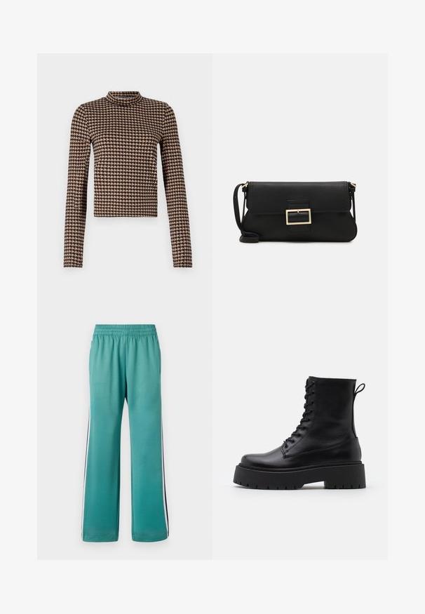 Maglietta a maniche lunghe in un motivo houndstooth nero e beige, con collo alto e silhouette aderente realizzata in un materiale morbido ed elasticizzato.; Pantaloni della tuta teal con vita elastica, gambe larghe e strisce laterali in blu navy e bianco. Tessuto liscio con finitura opaca.; Stivaletti in pelle nera alla caviglia con punta rotonda, lace-up frontale e suola in gomma spessa con battistrada textured. Tassello sul retro.; Borsa a mano in pelle nera con patta e dettaglio in metallo dorato. Include una tracolla nera e un design elegante e minimalista.; Orecchini a cerchio in argento con un design minimalista. Forma circolare, superficie liscia e profilo sottile. Leggeri con una finitura lucida.