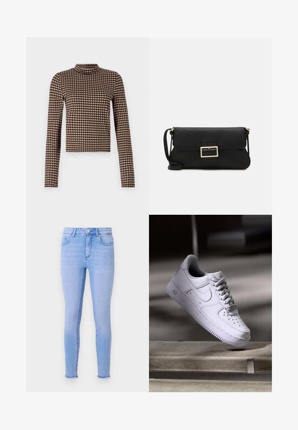 Pika kraevidusega musta ja pruunika houndstooth-mustriga pikkade varrukate top, millel on kõrge kaelus ja keha ümbritsev siluett, valmistatud pehmest ja venivast materjalist.; Heledad sinised kitsad teksad, mis on valmistatud denimist, omavad kõrget vööd, viit taskut ja veidi kulunud äärt pahkluude juures.; Valge Nike Air Force 1 toss, mis hõljub betoonpinna kohal, varjud minimalistlikus keskkonnas.; Must haben musta nahkklahviga kott, millel on klapp ja kuldne metallist pandla detail. Kaasas must rihm ja stiilne, minimalistlik disain.; Kulla värvi nõelad, õhukesed ja ümmargused, millel on sile metallist pind ja ilma kaunistuste või mustriteta.