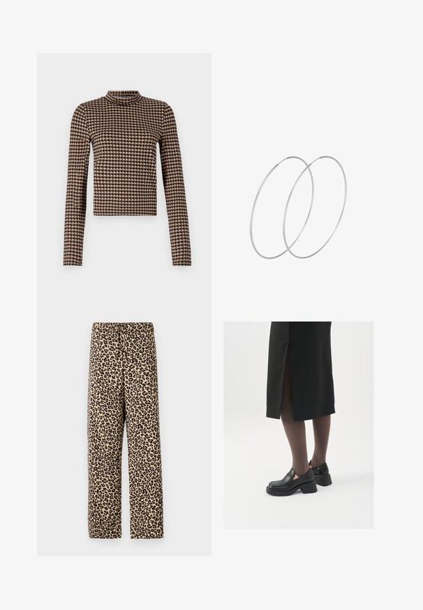 Dug dugih rukava u crno-smešastom kariranom uzorku, s visokim ovratnikom i prilagođenim siluetom, izrađena od mekanog, rastezljivog materijala.; Hlače s uzorkom leoparda koje imaju elastičnu struk, lagani materijal, ravne nogavice, te bež pozadinu s tamnosmešnim mrljama.; Crne kožne cipele s zaobljenim vrhom, debelim blok petama i elastičnim bočnim detaljima, uparene s tamnim čarapama i crnom suknjom s prorezom.; Srebrne okrugle naušnice s minimalističkim dizajnom. Kružni oblik, glatka tekstura i tanak profil. Lagane s poliranim završetkom.