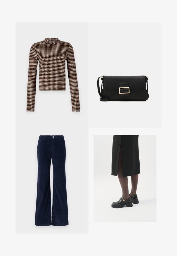 Ilgos rankovės marškiniai juodos ir rusvos spalvos šachmatiniu raštu, su aukštu kaklu ir prigludusia siluetu, pagaminti iš minkštos, elastingos medžiagos.; Noisy May NMCORD YOLANDA WIDE LEG - Kelnės - navy blazer; Juodos odinės bateliai su apvaliu nosiu, stora blokine pakulne ir elastingais šonais, derinami su tamsiomis pėdkelnėmis ir juoda sijonu su plyšiu.; Juodas odinis dėkliukas su atvarteliu ir auksinės metalinės sagties detalėmis. Įeina juodas diržas ir elegantiškas, minimalistinis dizainas.; Aukso auskarai su lygiu, blizgiu paviršiumi. Apvalus dizainas su maža užrakto dalimi ir skaidria atrama saugiam nešiojimui.