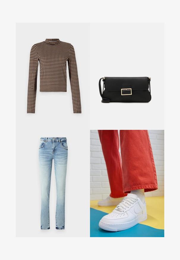 Bluză cu mânecă lungă, într-un model houndstooth negru și bej, având un gât înalt și o siluetă ajustată, realizată dintr-un material moale și elastic.; Jeans din denim de un albastru deschis, cu un efect de decolorare. Prezintă cinci buzunare, o închidere cu nasture și fermoar și un design cu picior drept. Fără modele vizibile.; Tenis alb din piele cu fanta pe vârful piciorului, talpă texturată și șireturi albe, purtat cu pantaloni larga roșii și un fundal albastru și galben.; Geantă de mână din piele neagră, cu clapetă și un detaliu din metal auriu. Include o curea neagră și un design elegant, minimalist.; Cercei cercuri din aur cu un finisaj neted și strălucitor. Design circular cu un mic suport și un spate transparent pentru o purtare sigură.